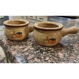 Set of 2 Tan Ceramic Handled Soup Bowls with Fruit Motif